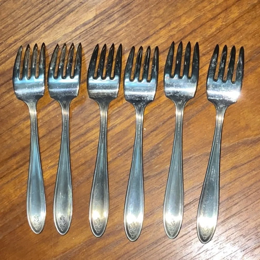 Six Fashion Plate Dessert Forks Vintage